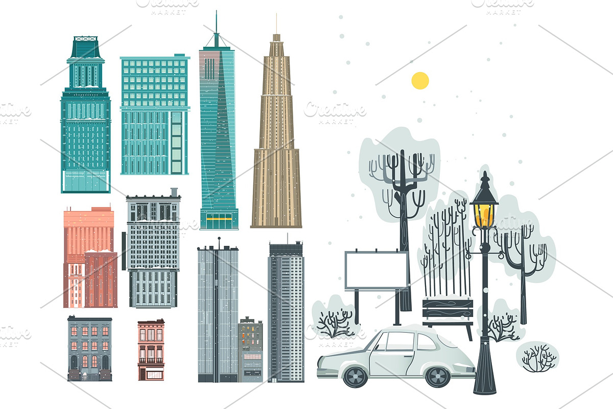 Flat city, urban elements in winter season in Illustrations - product preview 8