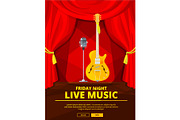 Poster invitation at live music concert. Vector picture of retro microphone and acoustic guitar