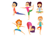 Yoga for kids. Happy childrens make different exercises. Cartoon characters set