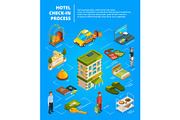 Hotel check in process. Infographic illustrations with isometric pictures