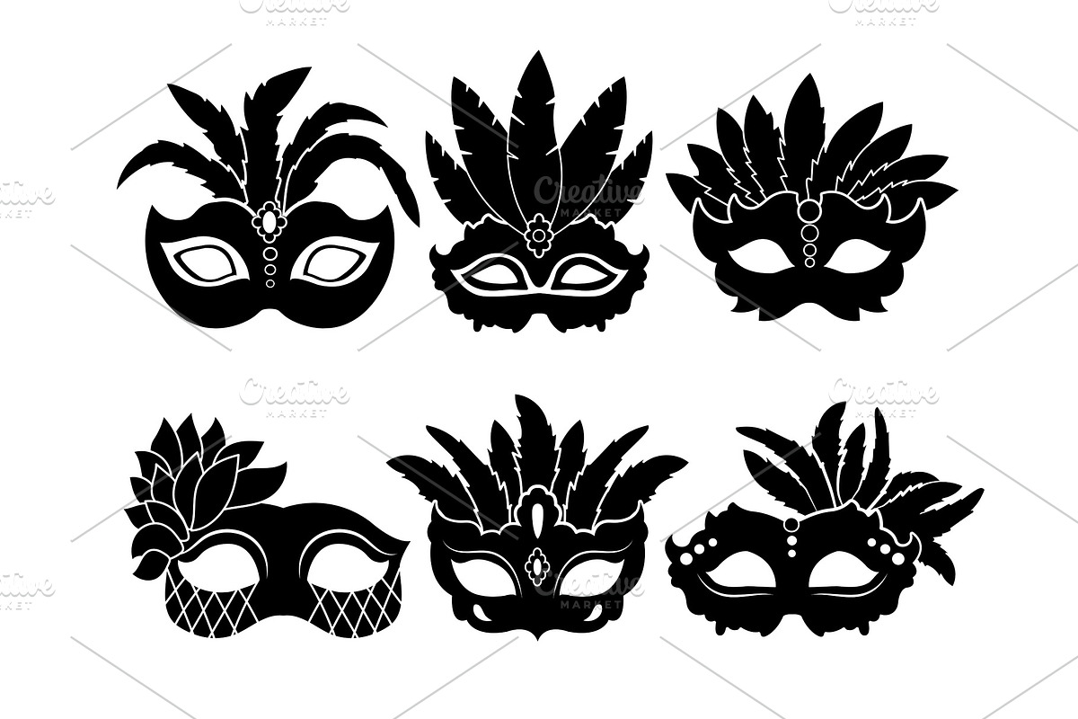 Monochrome black illustrations of carnival masks isolated on white background in Graphics - product preview 8