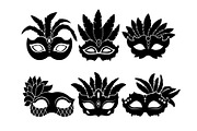 Monochrome black illustrations of carnival masks isolated on white background