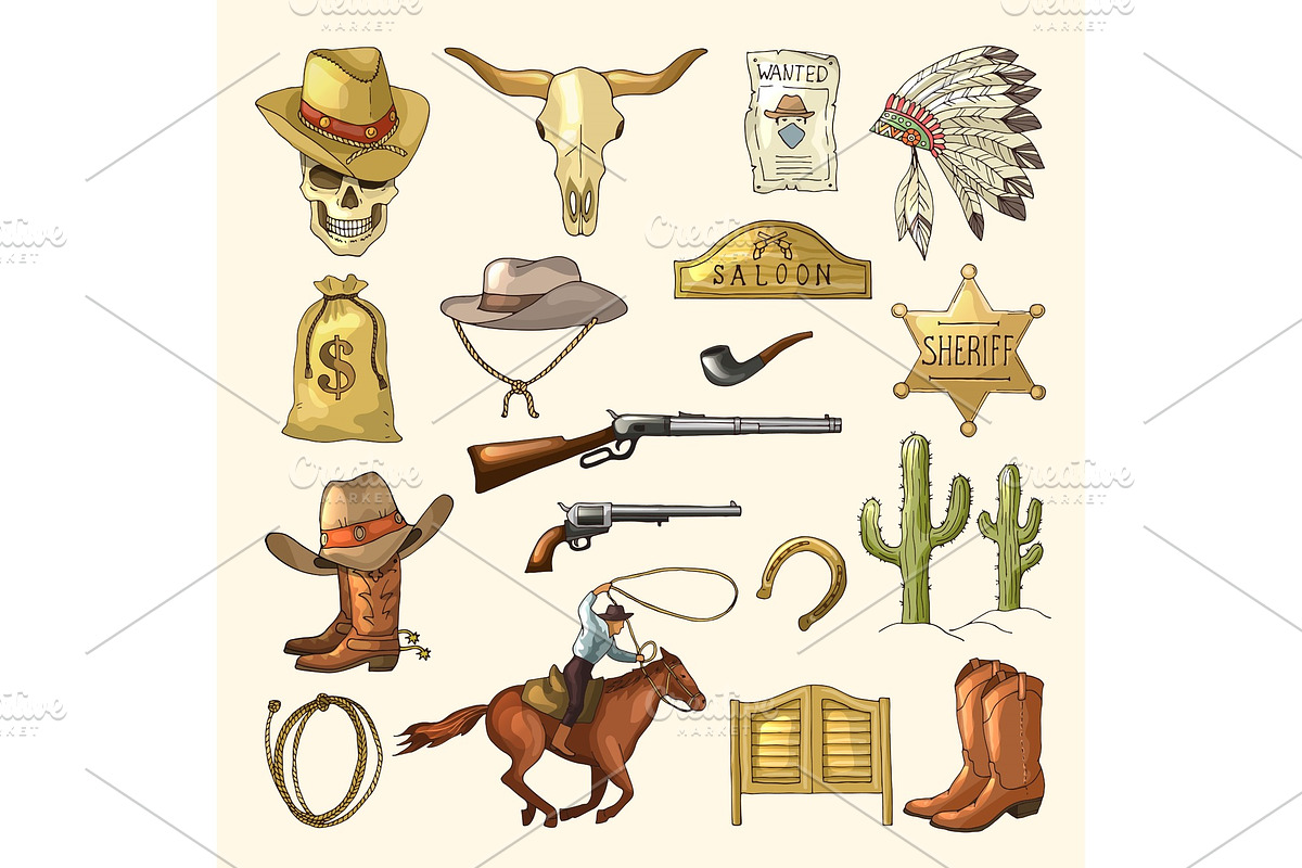 Colored illustrations of wild west symbols. Western vintage pictures isolated in Graphics - product preview 8