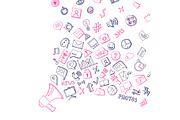 Vector social media hand drawn elements flying out of loudspeaker background