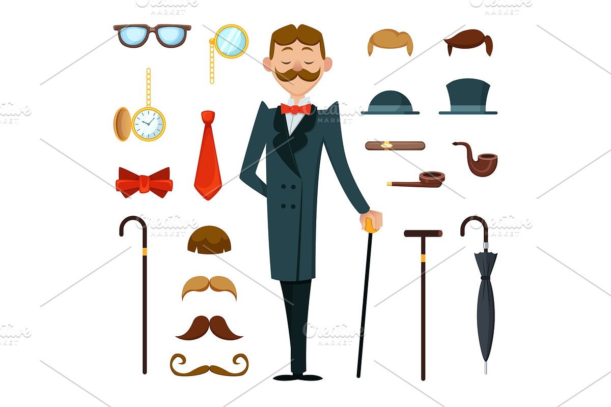 Fashioned retro gentleman with different accessories of victorian style. Creation mascot kit in Graphics - product preview 8