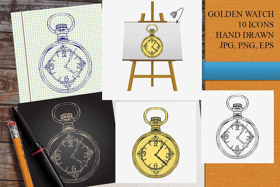 Vintage gold pocket watch in Illustrations - product preview 8