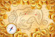 Golden coins on old pirate map