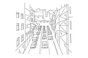 City street traffic jam linear perspective sketch road view. Cars end buildings. Hand drawn vector stock line illustration.