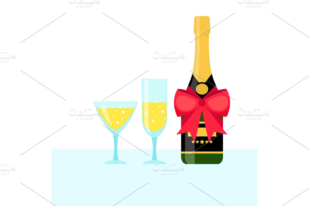 Bottle of champagne and filled glasses in Illustrations - product preview 8
