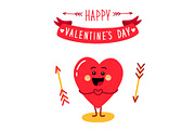 Cute holiday Valentines day card with funny cartoon character of emoji hearts