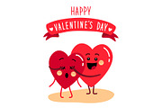 Cute holiday Valentines day card with funny cartoon character of emoji hearts