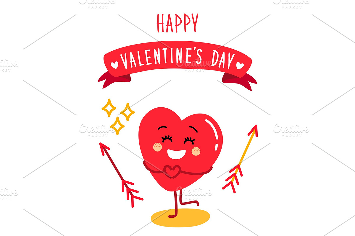 Cute holiday Valentines day card with funny cartoon character of emoji hearts in Objects - product preview 8