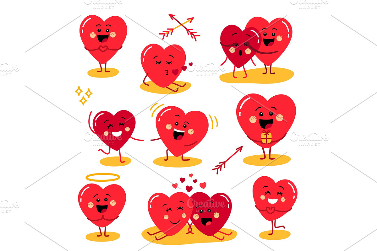 Cute set of holiday Valentines day funny cartoon character of emoji hearts in Objects - product preview 8