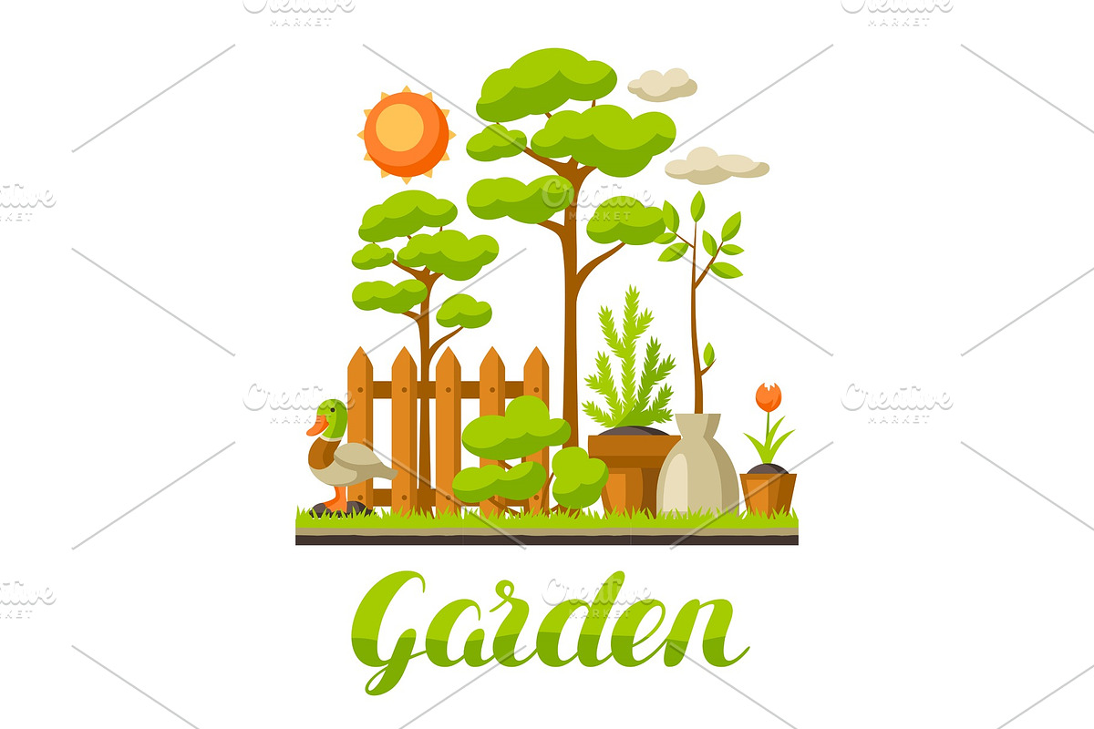 Garden landscape illustration with plants. Season gardening concept in Illustrations - product preview 8