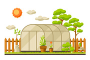 Garden landscape illustration with plants. Season gardening concept