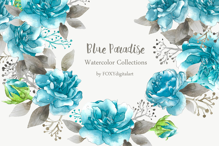 Rose Clip Art Blue Floral Watercolor in Illustrations - product preview 8
