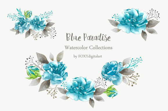 Rose Clip Art Blue Floral Watercolor in Illustrations - product preview 1