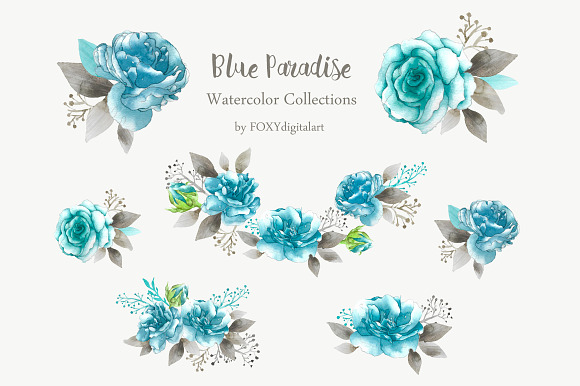 Rose Clip Art Blue Floral Watercolor in Illustrations - product preview 2