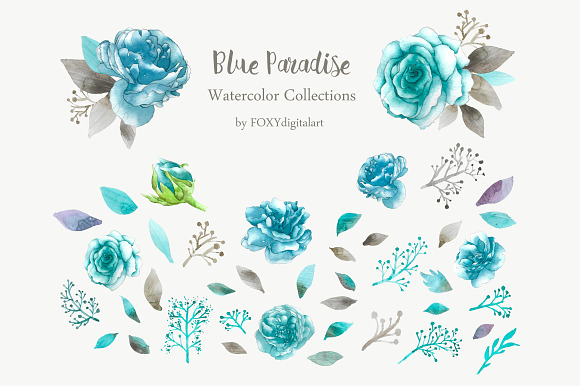 Rose Clip Art Blue Floral Watercolor in Illustrations - product preview 3