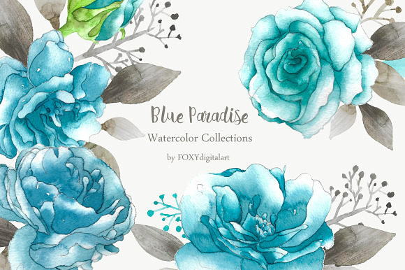 Rose Clip Art Blue Floral Watercolor in Illustrations - product preview 4