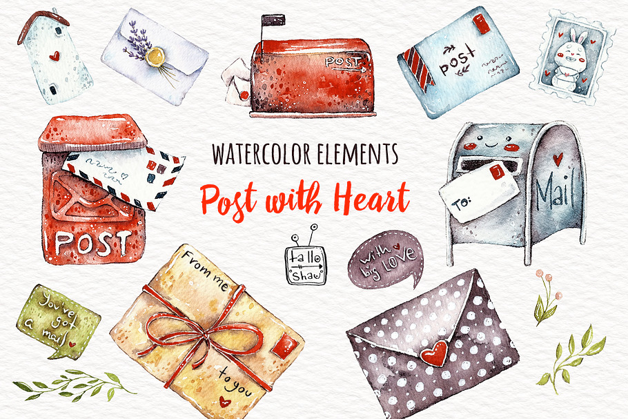Watercolor post with heart in Illustrations - product preview 8