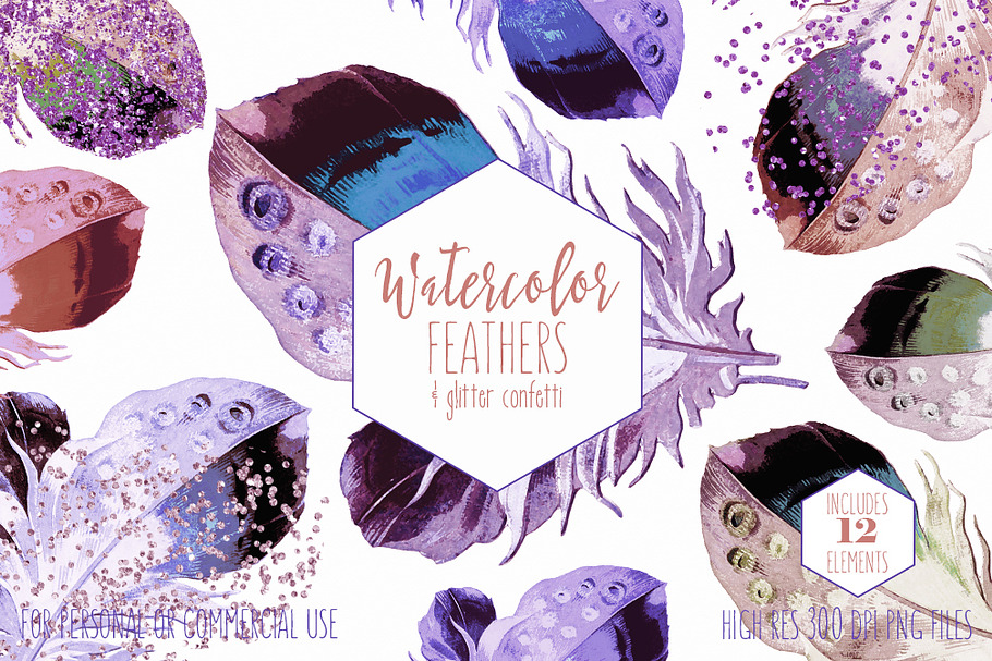 Watercolor Purple Feather Clipart in Illustrations - product preview 8
