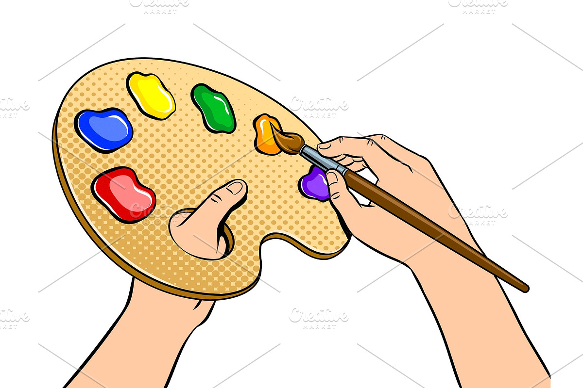 Palette with paints in artist hands pop art vector in Illustrations - product preview 8