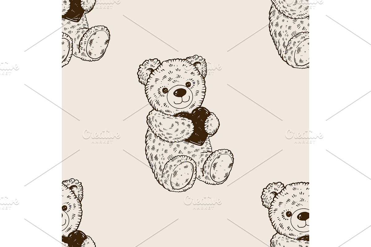 Teddy bear seamless pattern engraving vector in Illustrations - product preview 8