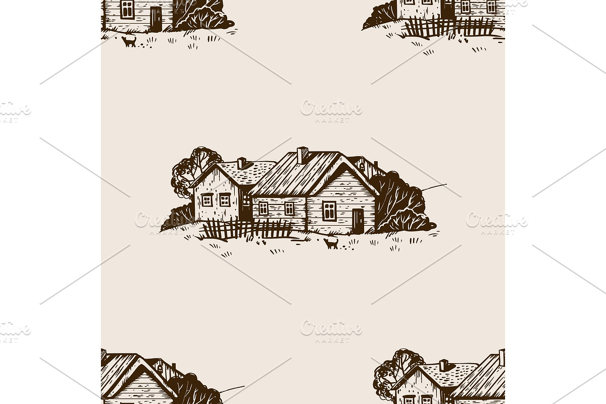 Rural landscape seamless pattern engraving vector in Illustrations - product preview 8