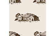 Rural landscape seamless pattern engraving vector