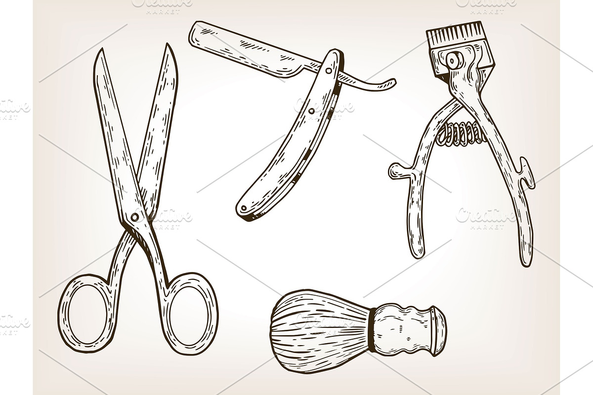 Barber tools engraving vector illustration in Illustrations - product preview 8