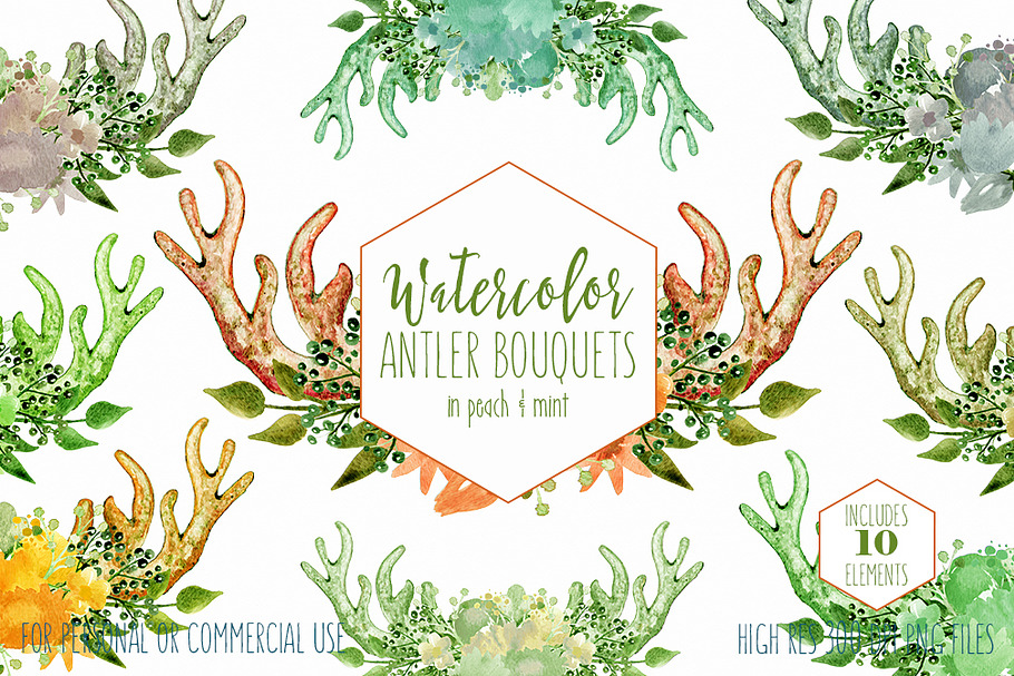 Bohemian Watercolor Antler Bouquets in Illustrations - product preview 8