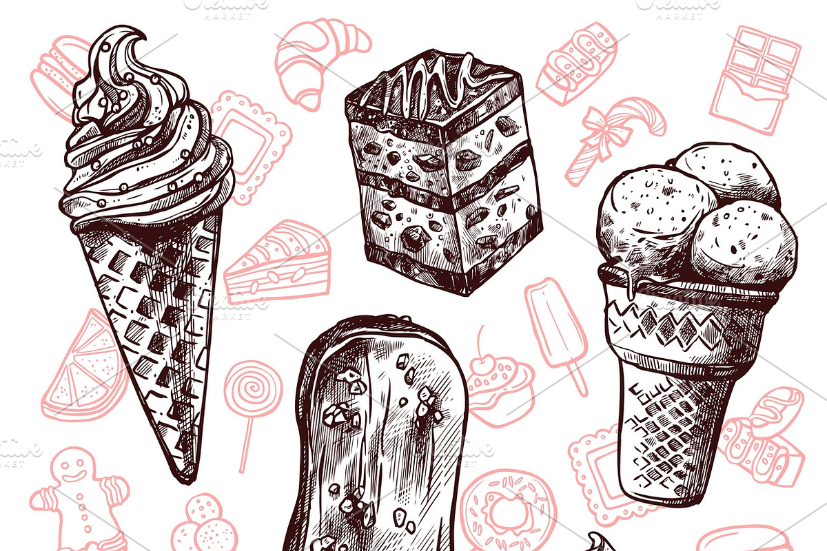 Ice cream and cakes sketch set in Illustrations - product preview 8
