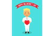 Cute Valentine's Day card with funny cartoon characters of loving boy with heart in hands