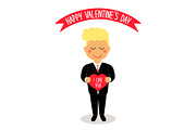 Cute Valentine's Day card with funny cartoon characters of loving boy with heart in hands