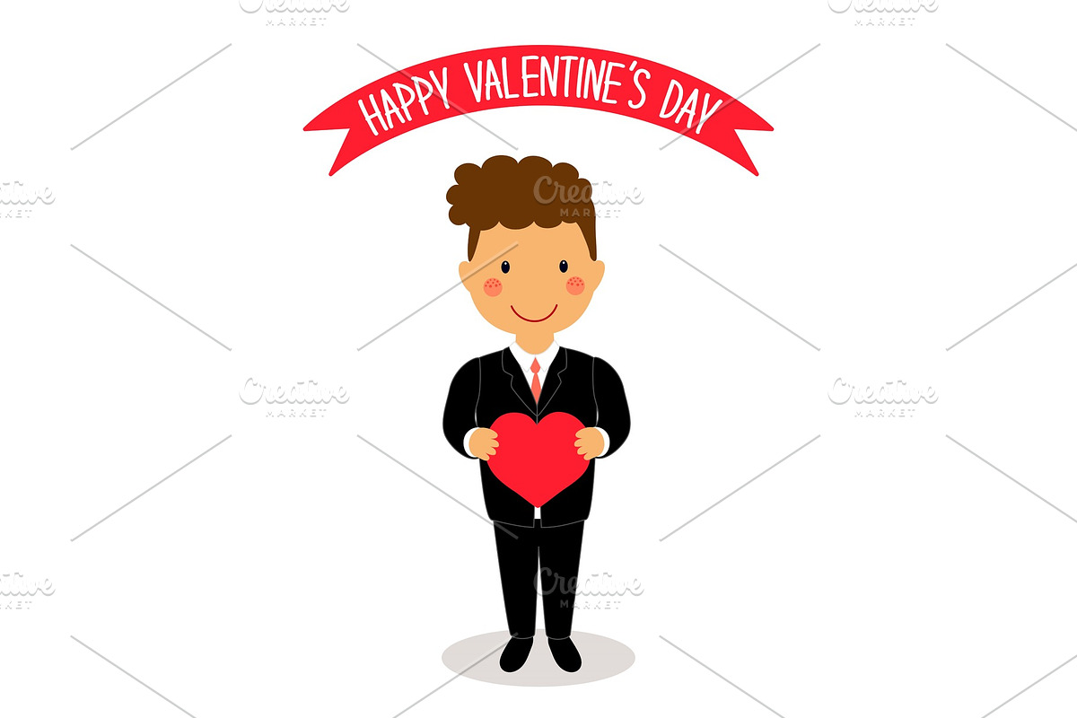 Cute Valentine's Day card with funny cartoon characters of loving boy with heart in hands in Objects - product preview 8