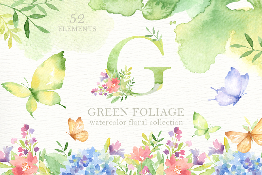 Green Foliage Watercolor Cliparts