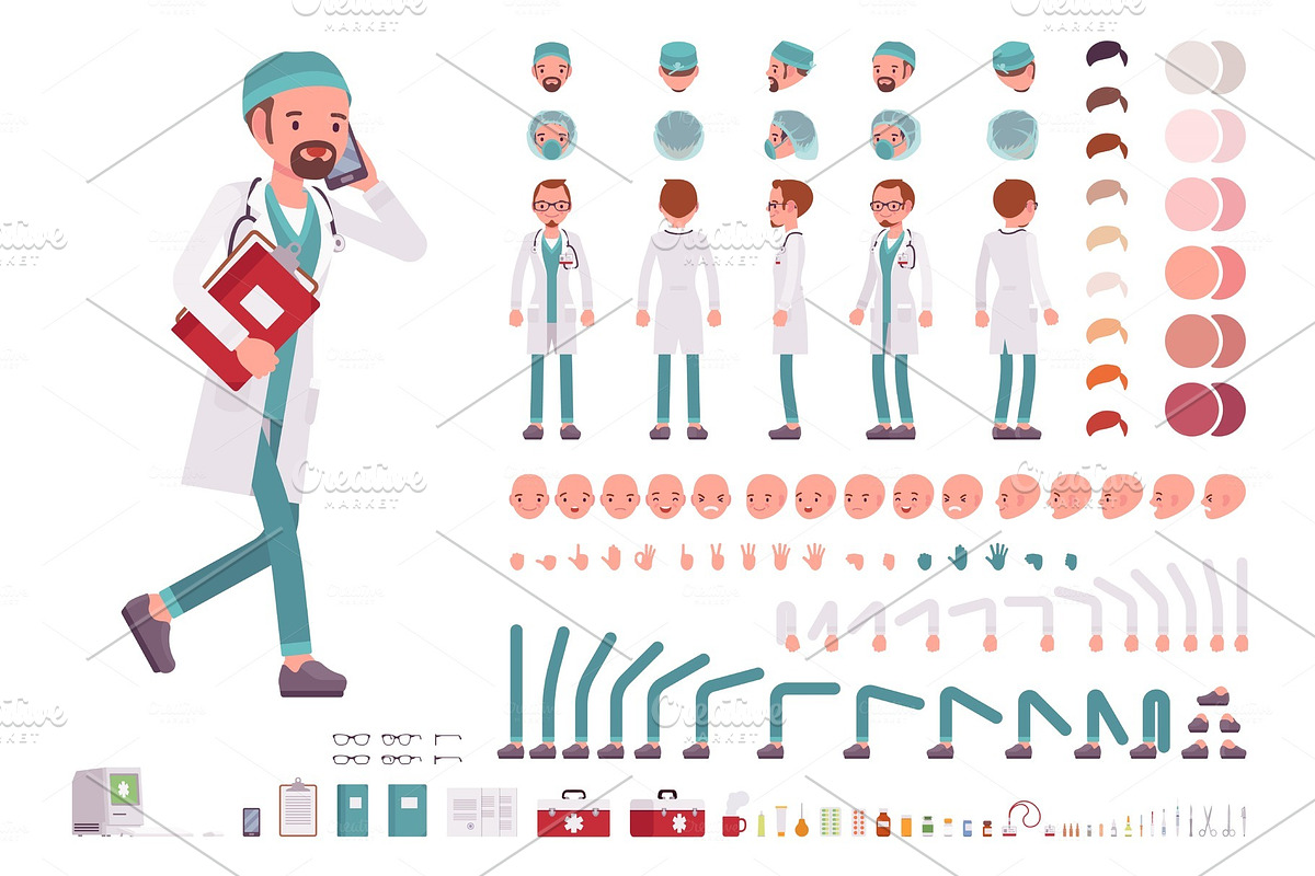 Male doctor in white uniform character creation set in Illustrations - product preview 8