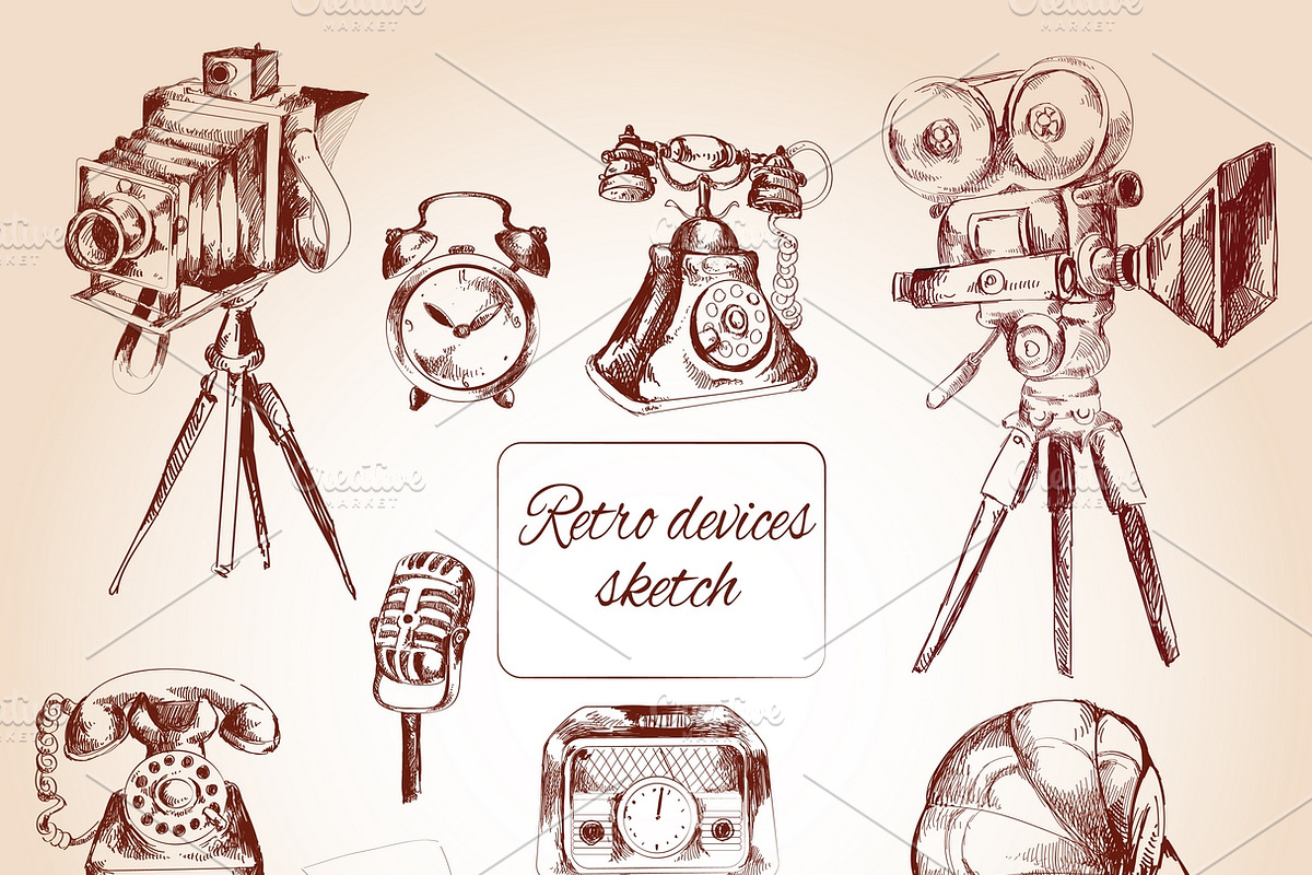 Retro devices icons sketch set in Illustrations - product preview 8