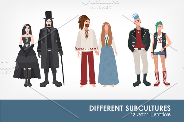 Set of different subculture people