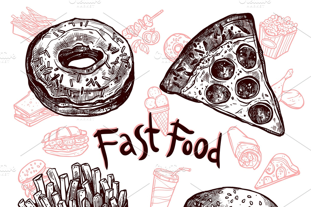 Fast food and drinks sketch set in Illustrations - product preview 8