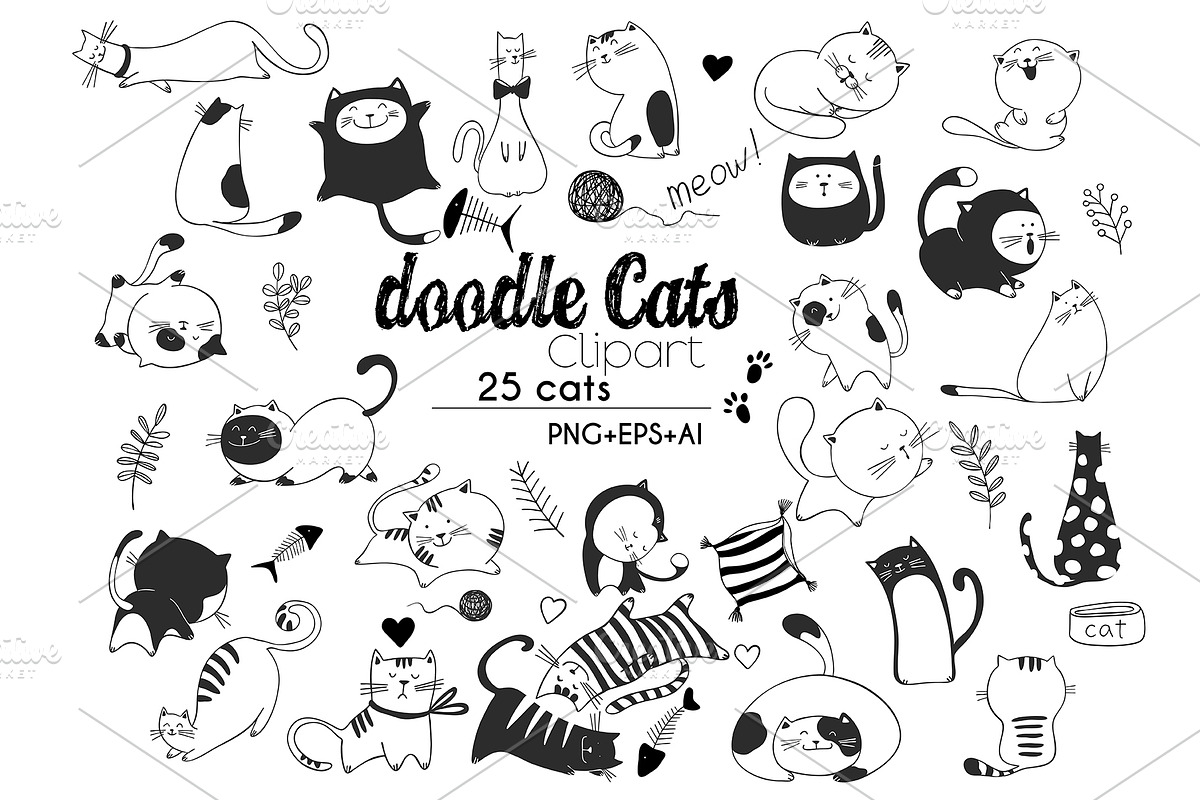Doodle Cats HandDrawn vector clipart in Objects - product preview 8