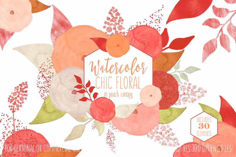 Peach Watercolor Floral Clipart Set in Illustrations - product preview 8