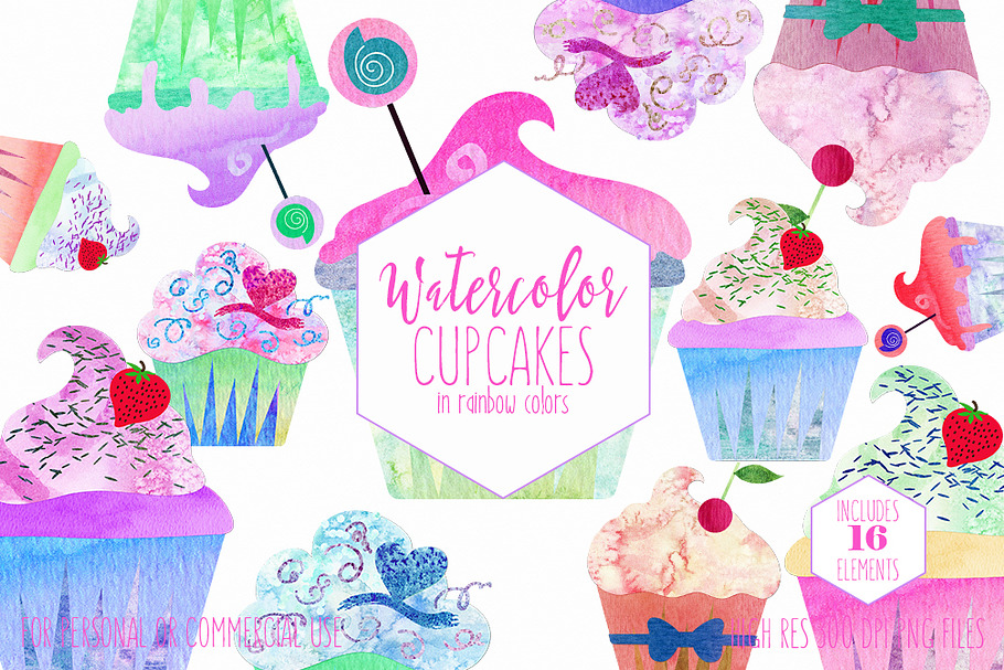 Cute Cupcakes Watercolor Clipart in Illustrations - product preview 8
