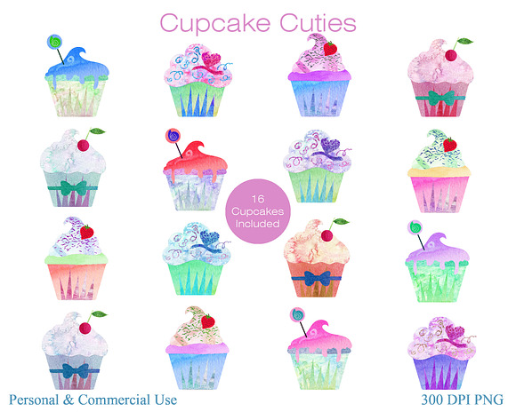 Cute Cupcakes Watercolor Clipart in Illustrations - product preview 1
