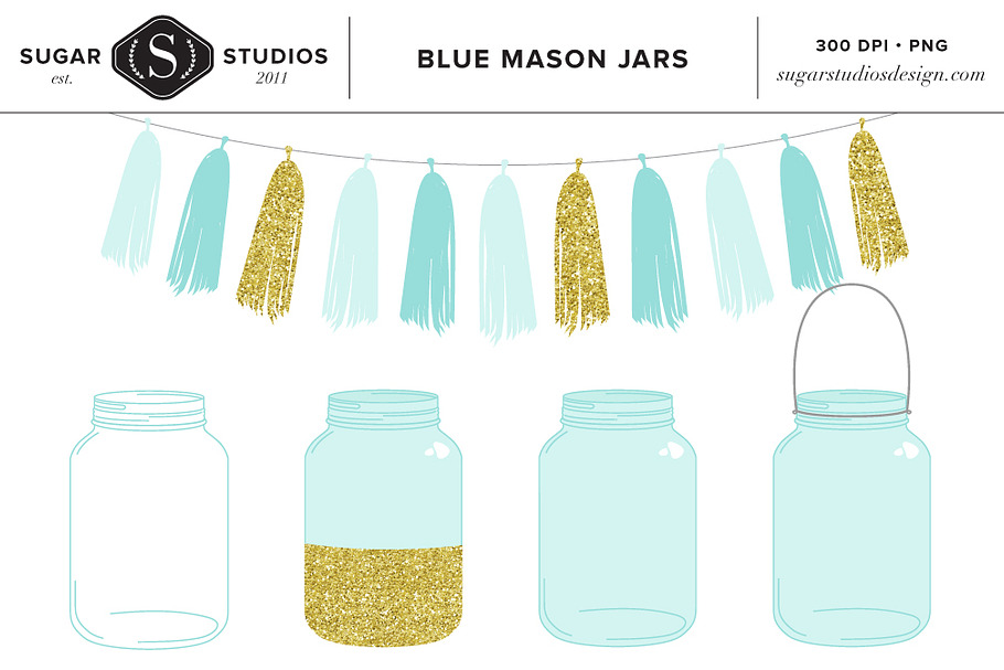 Blue Mason Jars with Tassel Clip Art