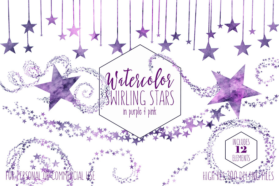 Purple Watercolor Celestial Stars in Illustrations - product preview 8