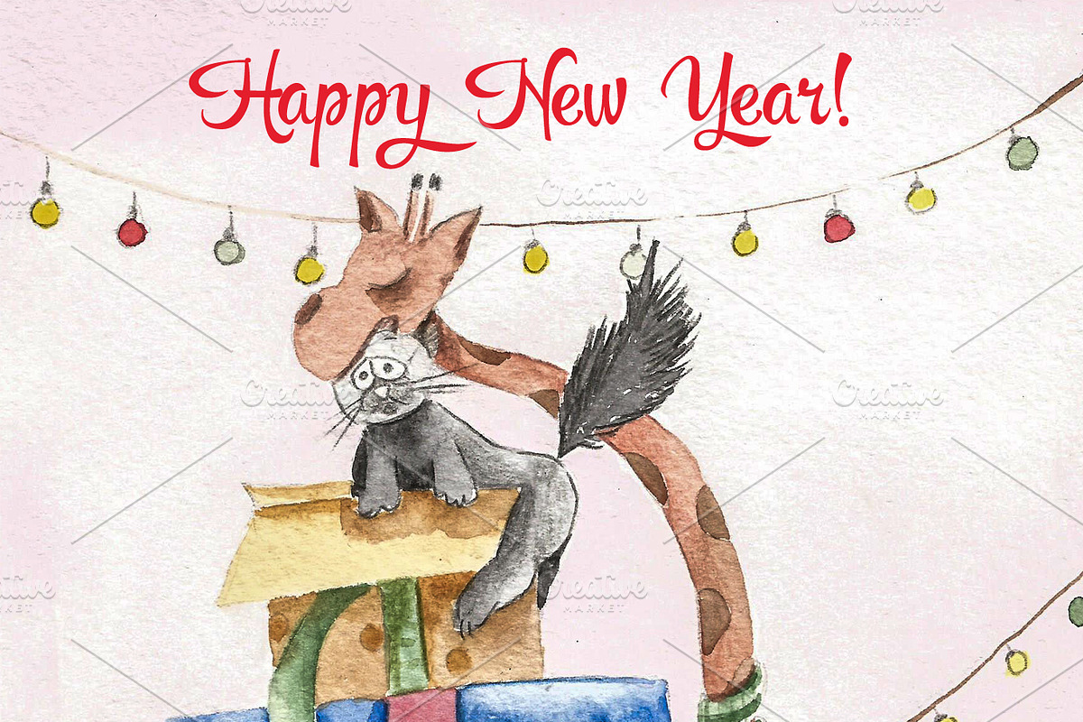 New Year card "giraffe" in Illustrations - product preview 8