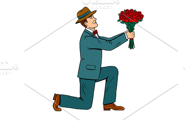 Man gives flowers bouquet pop art vector