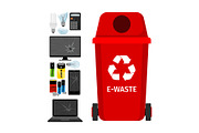 Red garbage can with e-waste elements